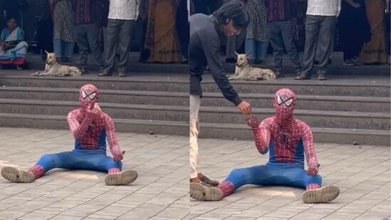 कल्याण रेल्वेस्थानकावर भीक मागणाऱ्या स्पायडरमॅनचा व्हिडिओ