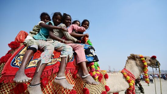 कुंभ मेळ्यात अनेक भाविक सहकुटुंब सामील झाले आहेत. या धार्मिक उत्सवात बाळगोपाळांच्या मौजमज्जेसाठी करमणुकीची विविध साधने उपलब्ध करून देण्यात आली आहे. लहान मुलांच्या मनोरंजनासाठी येथे विविध प्रकारच्या राइड्सची व्यवस्था करण्यात आली आहे. यात बोट फेरी, लेझर शोचे आयोजन करण्यात येत आहे. कुंभमेळ्याच उंटावर बसून गंगा नदीकिनारी फेरफटका मारताना बच्चे कंपनी या फोटोत दिसत आहे.