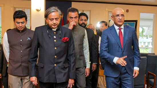 A multi-party delegation led by Congress MP Shashi Tharoor during a meeting with Guyana Vice President Bharrat Jagdeo, in Guyana.