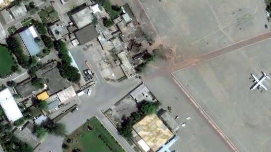 This satellite image provided by Maxar Technologies shows Nur Khan Air Base with damaged buildings after a strike during hostilities with India in Rawalpindi, Pakistan, on May 10, 2025. (Maxar Technologies via AP)