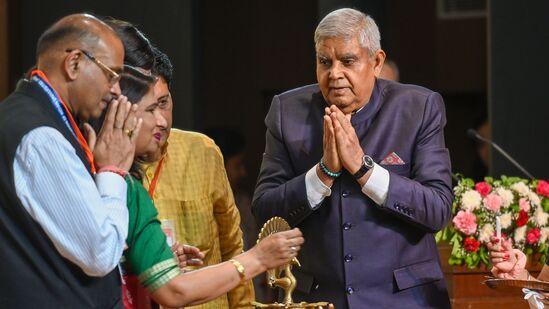 Noida, India- June 23, 2025:Vice president of India Jagdeep Dhankhar inaugurated the 99th Annual Meet and National Conference of Vice Chancellors, organised by the Association of Indian Universities (AIU) at Amity University, Noida, on Monday. In his address, the vice president highlighted the importance of aligning Indian higher education with global standards while retaining its core values. The two-day conference, themed �Envisioning Future Higher Education: The Pivotal Role of India�, brings together over 300 vice chancellors and education leaders from across the country, in Noida, India, on Monday, June 23, 2025. (Photo by Sunil Ghosh / Hindustan Times)