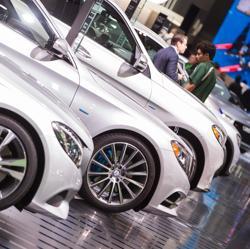 A line of Mercedes sit on display at the 2017 North American International Auto Show in Detroit, Michigan.