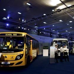 Visitors having a look at Ashok Leyland's range of trucks that are displayed at the AUTOEXPO in Chennai.