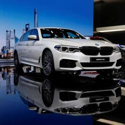 A BMW 5-Series Li car is displayed at the Shanghai Auto Show during its media day, in Shanghai on April 19.