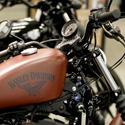 The Harley-Davidson name on the gas tank of a Harley-Davidson Sportster Iron XL883N at a dealership in Glenshaw. The Harley-Davidson name on the gas tank of a Harley-Davidson Sportster Iron XL883N at a dealership in Glenshaw.