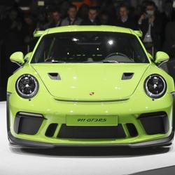 The Porsche 991 GT3 RS automobile sits on display on the opening day of the 88th Geneva International Motor Show in Geneva on March 6, 2018.