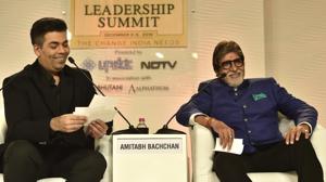 Amitabh Bachchan in conversation with Karan Johar during Hindustan Times Leadership Summit at Taj Palace, New Delhi, on Friday.(Ajay Aggarwal /HT Photo)