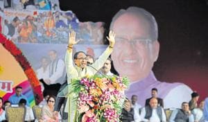 CM Shivraj Singh Chouhan at the Bhopal rally.(Mujeeb Faruqui/HT photo)