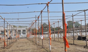 Large sheds are being erected on the grounds of Government Arts and Commerce College for a national ABVP meet.(Shankar Mourya/HT photo)