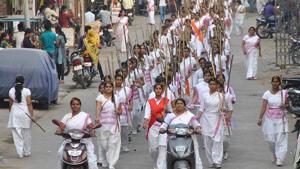 In October last year, members of the samiti organised a ‘path sanchalan’ in Indore, to mark the 90th anniversary of the RSS, its parent wing.(HT File Photo) In October last year, members of the samiti organised a ‘path sanchalan’ in Indore, to mark the 90th anniversary of the RSS, its parent wing.(HT File Photo)