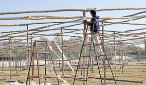 Large sheds are being erected on the premises of Government Arts and Commerce College for ABVP meet to be held between in Indore later this month.(HShankar Mourya/HT file)