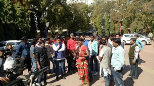 NSUI members stage a protest at DAVV administrative campus.(HT photo)