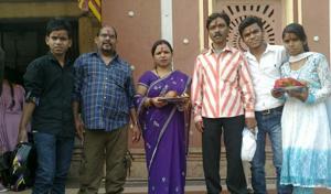 Gopal Ram (second from left) with wife Radha Devi and the family members.(HT Photo) Gopal Ram (second from left) with wife Radha Devi and the family members.(HT Photo)