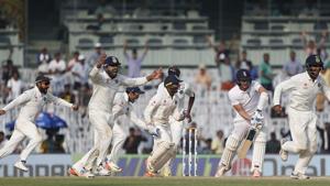 India cricket team celebrates after winning the Test series against England during the fifth day of the fifth Test match in Chennai, on Tuesday.(AP) India cricket team celebrates after winning the Test series against England during the fifth day of the fifth Test match in Chennai, on Tuesday.(AP)