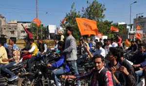 ABVP workers carried out bike rally from Government Arts and Commerce College, venue for the forthcoming national conference, to the Ahilya statue situated at Rajawada in Indore.(Shankar Mourya/file photo)