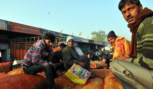 Farmers wait for their turn to sell sacks of green peas at Choithram mandi in Indore on Monday.(Shankar Mourya/HT photo) Farmers wait for their turn to sell sacks of green peas at Choithram mandi in Indore on Monday.(Shankar Mourya/HT photo)