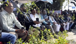 Activists, alumnus of Agriculture College, lawyers protest construction of modern district court complex on 20 acres of Agriculture College campus in Indore on Wednesday.(Arun Mondhe/HT)