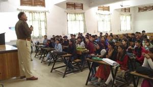 A road safety class at Dronacharya college on Tuesday. A road safety class at Dronacharya college on Tuesday.
