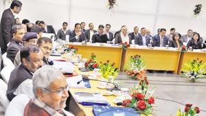 Bihar chief minister Nitish Kumar holding a meeting with officials at Samvad in Patna on Tuesday. Photo: AP Dube/Hindustan TImes Bihar chief minister Nitish Kumar holding a meeting with officials at Samvad in Patna on Tuesday. Photo: AP Dube/Hindustan TImes