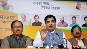 Union minister and senior BJP leader Nitin Gadkari with Goa Chief Minister Lakshmikant Parsekar and AYUSH minister Shripad Yesso Naik addressing a press conference in Panaji, Goa on Thursday.(PTI Photo) Union minister and senior BJP leader Nitin Gadkari with Goa Chief Minister Lakshmikant Parsekar and AYUSH minister Shripad Yesso Naik addressing a press conference in Panaji, Goa on Thursday.(PTI Photo)