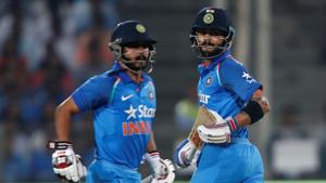 Kedar Jadhav (left) struck his second ODI century and put on a 200-run partnership with new limited-overs skipper Virat Kohli (right) in the first one-dayer in Pune on Sunday.(REUTERS) Kedar Jadhav (left) struck his second ODI century and put on a 200-run partnership with new limited-overs skipper Virat Kohli (right) in the first one-dayer in Pune on Sunday.(REUTERS)