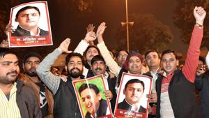 Supporters celebrate in Lucknow after the Samajwadi Party faction led by UP CM Akhilesh Yadav was allotted the party’s poll symbol --- the bicycle --- on Monday.(PTI) Supporters celebrate in Lucknow after the Samajwadi Party faction led by UP CM Akhilesh Yadav was allotted the party’s poll symbol --- the bicycle --- on Monday.(PTI)