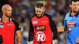 Peter Nevill suffered a freakish fracture on his jaw after Brad Hodge’s bat slipped out of his hand and hit him on the face in the Big Bash League clash between Adelaide Strikers and Melbourne Stars.(Getty Images) Peter Nevill suffered a freakish fracture on his jaw after Brad Hodge’s bat slipped out of his hand and hit him on the face in the Big Bash League clash between Adelaide Strikers and Melbourne Stars.(Getty Images)
