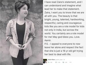 Dangal child-actor Zaira Wasim is getting widespread support from political leaders and Bollywood bigwigs after she was trolled for her Facebook post. Dangal child-actor Zaira Wasim is getting widespread support from political leaders and Bollywood bigwigs after she was trolled for her Facebook post.