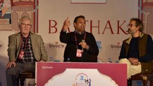 The first Indian dinosaur, Titanosaur, was discovered in 1828, but it took almost 50 years for it to be given a name. “The word dinosaur was coined 12 years after remains of Titanosaurus was discovered in India,” said biochemist Pranay Lal during a session with naturalist Pradip Krishen and British palaeontologist Richard Fortey.(Saumya Khandelwal/HT Photo) The first Indian dinosaur, Titanosaur, was discovered in 1828, but it took almost 50 years for it to be given a name. “The word dinosaur was coined 12 years after remains of Titanosaurus was discovered in India,” said biochemist Pranay Lal during a session with naturalist Pradip Krishen and British palaeontologist Richard Fortey.(Saumya Khandelwal/HT Photo)
