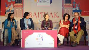 Author Tabish Khair (2R) during the session, Being the Other, at the Jaipur Literature Festival on Monday.(Prabhakar Sharma/HT Photo) Author Tabish Khair (2R) during the session, Being the Other, at the Jaipur Literature Festival on Monday.(Prabhakar Sharma/HT Photo)