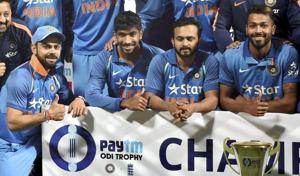 Captain Virat Kohli and other Indian cricket team members celebrate after winning the England series 2-1.(PTIC) Captain Virat Kohli and other Indian cricket team members celebrate after winning the England series 2-1.(PTIC)
