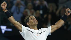 Rafael Nadal celebrates after winning his men's singles quarterfinal match against Canada's Milos Raonic on Wednesday. He will play Grigor Dimitrov in the final four. Get highlights and tennis score of Rafael Nadal vs Milos Raonic match here.(REUTERS) Rafael Nadal celebrates after winning his men's singles quarterfinal match against Canada's Milos Raonic on Wednesday. He will play Grigor Dimitrov in the final four. Get highlights and tennis score of Rafael Nadal vs Milos Raonic match here.(REUTERS)