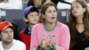 Mirka Federer cheers on husband Roger Federer of Switzerland during his semifinal against compatriot Stan Wawrinka at the Australian Open tennis championships in Melbourne on Thursday(AP) Mirka Federer cheers on husband Roger Federer of Switzerland during his semifinal against compatriot Stan Wawrinka at the Australian Open tennis championships in Melbourne on Thursday(AP)