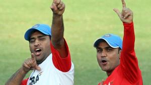 Mahendra Singh Dhoni and Virender Sehwag pose for the media at a practice session ahead of the Cricket World Cup Group B match against Netherlands in New Delhi in 2011.(Hindustan Times) Mahendra Singh Dhoni and Virender Sehwag pose for the media at a practice session ahead of the Cricket World Cup Group B match against Netherlands in New Delhi in 2011.(Hindustan Times)