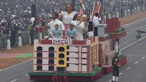 Delhi’s tableau featured a replica of the iconic Jantar Mantar and Ludlow Castle, a heritage building that wasurned into a high school after Independence of India(Raj K Raj/ HT photo) Delhi’s tableau featured a replica of the iconic Jantar Mantar and Ludlow Castle, a heritage building that wasurned into a high school after Independence of India(Raj K Raj/ HT photo)