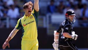 Marcus Stoinis celebrates the wicket of Kane Williamson during the first ODI between New Zealand and Australia on Monday.(AFP) Marcus Stoinis celebrates the wicket of Kane Williamson during the first ODI between New Zealand and Australia on Monday.(AFP)
