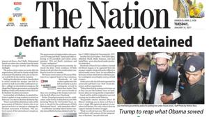 Image grab of the front page report in Pakistan’s The Nation daily on the detention of Jamaat-ud-Dawah chief Hafiz Saeed on Monday night.(Courtesy The Nation)