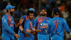 India registered a thumping 75-run win over England at the Chinnaswamy stadium to clinch the series 2-1. Yuzvendra Chahal was the star with a record haul of 6/25.(REUTERS) India registered a thumping 75-run win over England at the Chinnaswamy stadium to clinch the series 2-1. Yuzvendra Chahal was the star with a record haul of 6/25.(REUTERS)