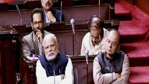 Prime Minister Narendra Modi and FM Arun Jaitley in the Rajya Sabha in New Delhi on Thursday. PTI Photo / TV Grab(PTI) Prime Minister Narendra Modi and FM Arun Jaitley in the Rajya Sabha in New Delhi on Thursday. PTI Photo / TV Grab(PTI)