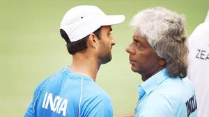 Yuki Bhambri greeted by the India’s Davis Cup non-playing captain Anand Amritraj after winning a Davis cup singles rubber against New Zealand.(PTI) Yuki Bhambri greeted by the India’s Davis Cup non-playing captain Anand Amritraj after winning a Davis cup singles rubber against New Zealand.(PTI)