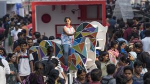 Visitors relive their childhood through the various installations at the HT Kala Ghoda Arts Festival in Mumbai on Saturday.(Satish Bate/HT PHOTO) Visitors relive their childhood through the various installations at the HT Kala Ghoda Arts Festival in Mumbai on Saturday.(Satish Bate/HT PHOTO)