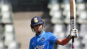 India U-19 cricketer Shubman Gill celebrates his century against England during the fourth one-dayer against England in Mumbai on Monday.(PTI) India U-19 cricketer Shubman Gill celebrates his century against England during the fourth one-dayer against England in Mumbai on Monday.(PTI)