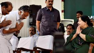 File photo AIADMK chief J Jayalalithaa with O Panneerselvam during her swearing-in ceremony as chief minister of Tamil Nadu in 2015.(PTI File Photo) File photo AIADMK chief J Jayalalithaa with O Panneerselvam during her swearing-in ceremony as chief minister of Tamil Nadu in 2015.(PTI File Photo)