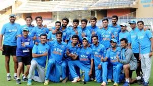 India Under 19 cricket team players with the trophy after beating the England Under-19 cricket team 3-1 in the five-match one-day series at Wankhade Stadium in Mumbai on Wednesday.(PTI) India Under 19 cricket team players with the trophy after beating the England Under-19 cricket team 3-1 in the five-match one-day series at Wankhade Stadium in Mumbai on Wednesday.(PTI)