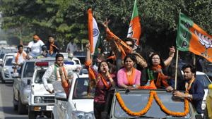 Roadshow held by the BJP on the last day of campaigning in Noida.(Sunil Ghosh/HT) Roadshow held by the BJP on the last day of campaigning in Noida.(Sunil Ghosh/HT)