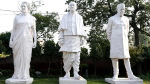 Sculptures of Indira Gandhi, Pandit Jawaharlal Nehru and Sardar Vallabhbhai Patel in the lawns of a gallery in New Delhi that is hosting a retrospective on Indian sculptor Ram V. Sutar. He is best known for his life-like renditions of famous Indians.(Courtesy: Abhimanyu Jindal)