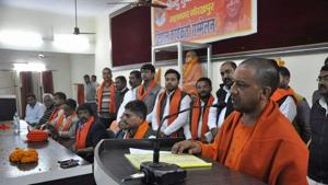 Yogi Adityanath at a meeting of Vahini workers in Gorakhpur earlier this week.(HT photo) Yogi Adityanath at a meeting of Vahini workers in Gorakhpur earlier this week.(HT photo)