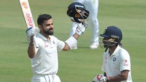 IVirat Kohli raises his bat after reaching his double century against Bangladesh in Hyderabad.(AFP) IVirat Kohli raises his bat after reaching his double century against Bangladesh in Hyderabad.(AFP)