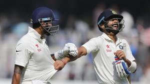 Virat Kohli (right) scored his 16th century in the India vs Bangladesh one-off Test in Hyderabad.(AP) Virat Kohli (right) scored his 16th century in the India vs Bangladesh one-off Test in Hyderabad.(AP)