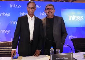 Infosys Chief Executive Officer Vishal Sikka, along with Chairman of the Board R Seshasayee, left, arrives to address a press conference in Mumbai.(AP) Infosys Chief Executive Officer Vishal Sikka, along with Chairman of the Board R Seshasayee, left, arrives to address a press conference in Mumbai.(AP)